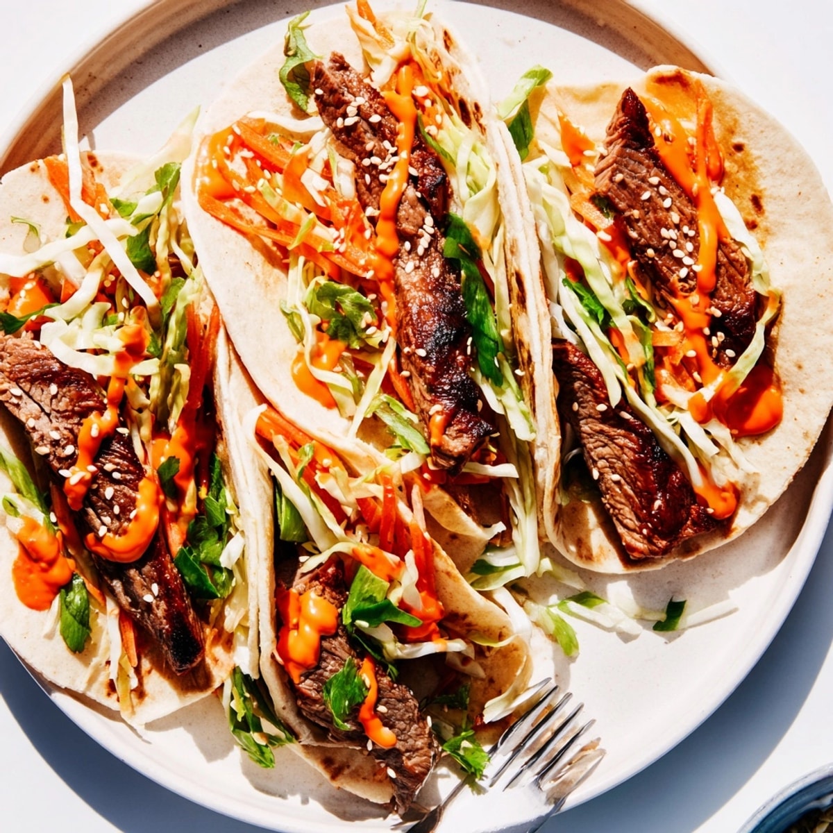Homemade Korean BBQ Tacos, a fusion dish ready to be served with a flavorful gochujang sauce.