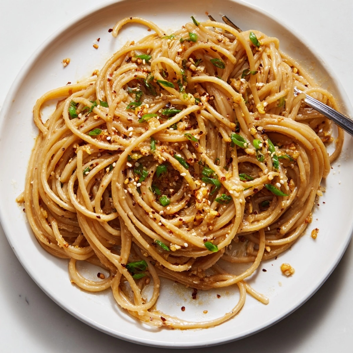 Creamy Miso Butter Pasta twirled on a fork, garnished with scallions and toasted sesame seeds.