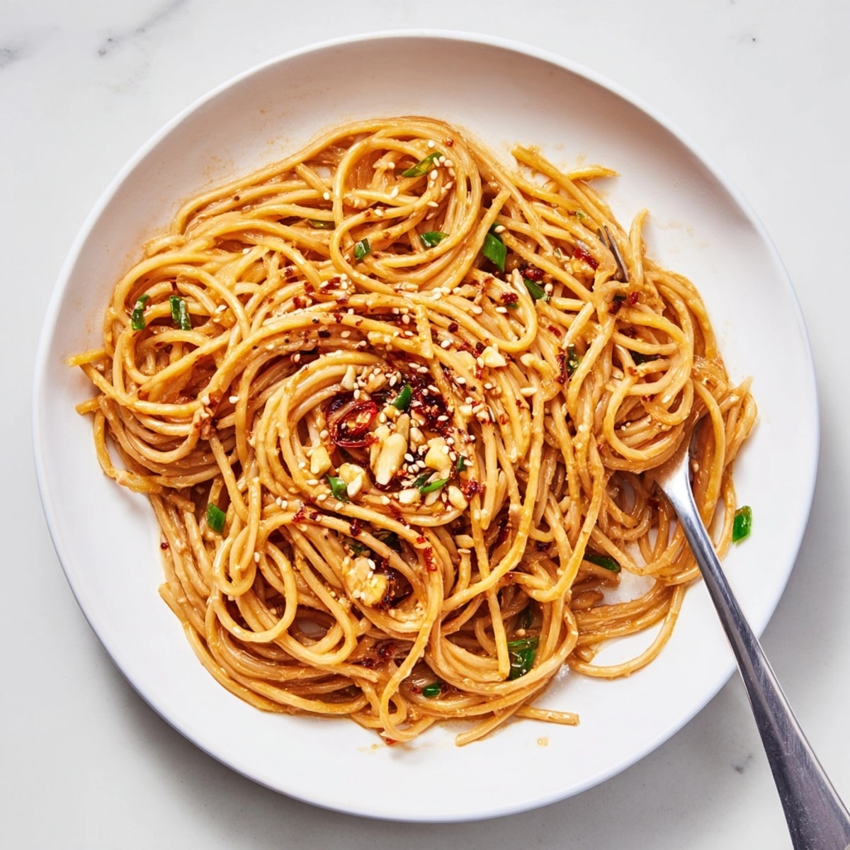 Close-up of glistening Miso Butter Pasta, hinting at garlic and chili flakes.
