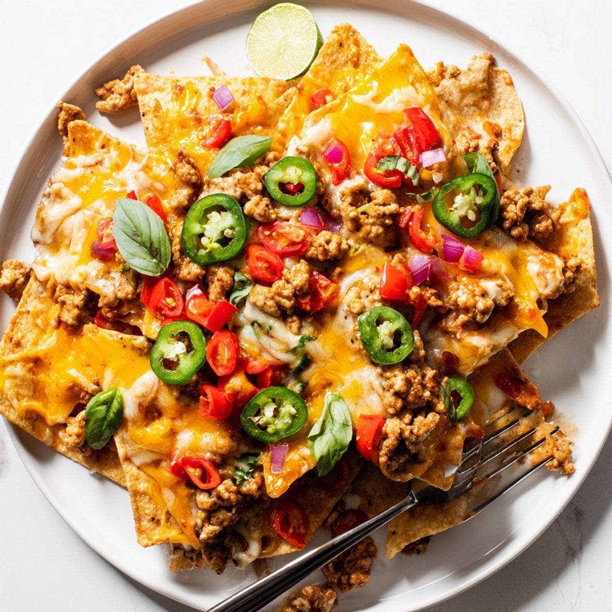 Golden Thai Basil Nachos, piled high with chicken, gooey cheese, and vibrant herbs.