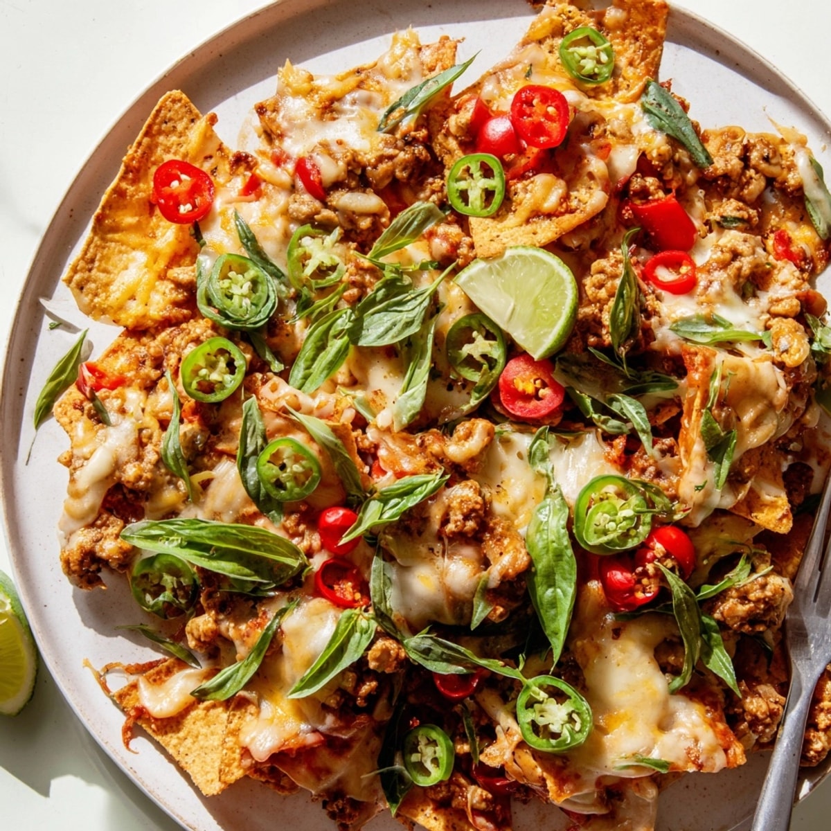 Loaded Thai Basil Nachos baking sheet, bubbly cheese, a delicious appetizer for sharing.