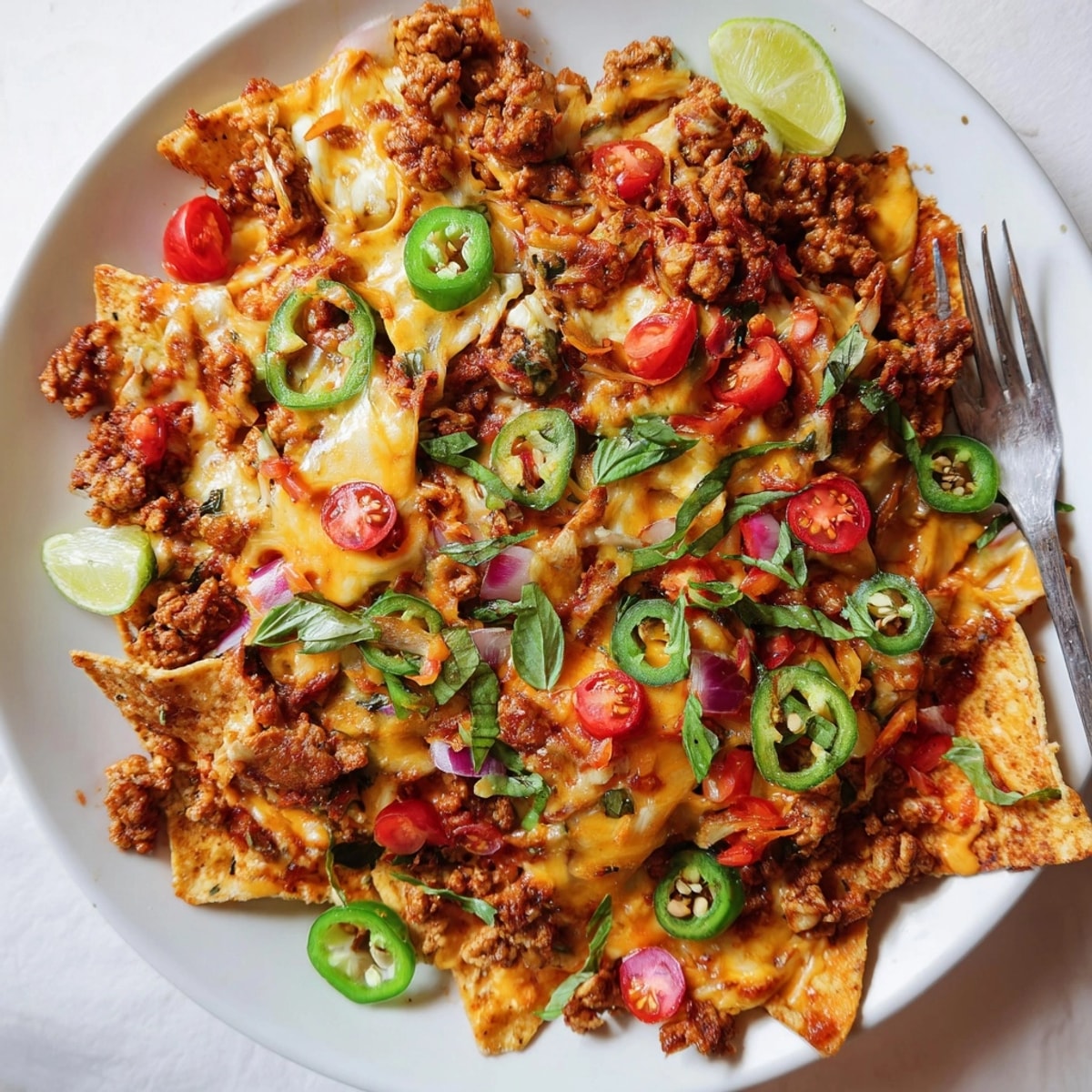 Savory Thai Basil Nachos recipe: crisp chips topped with spicy chicken and fresh basil.