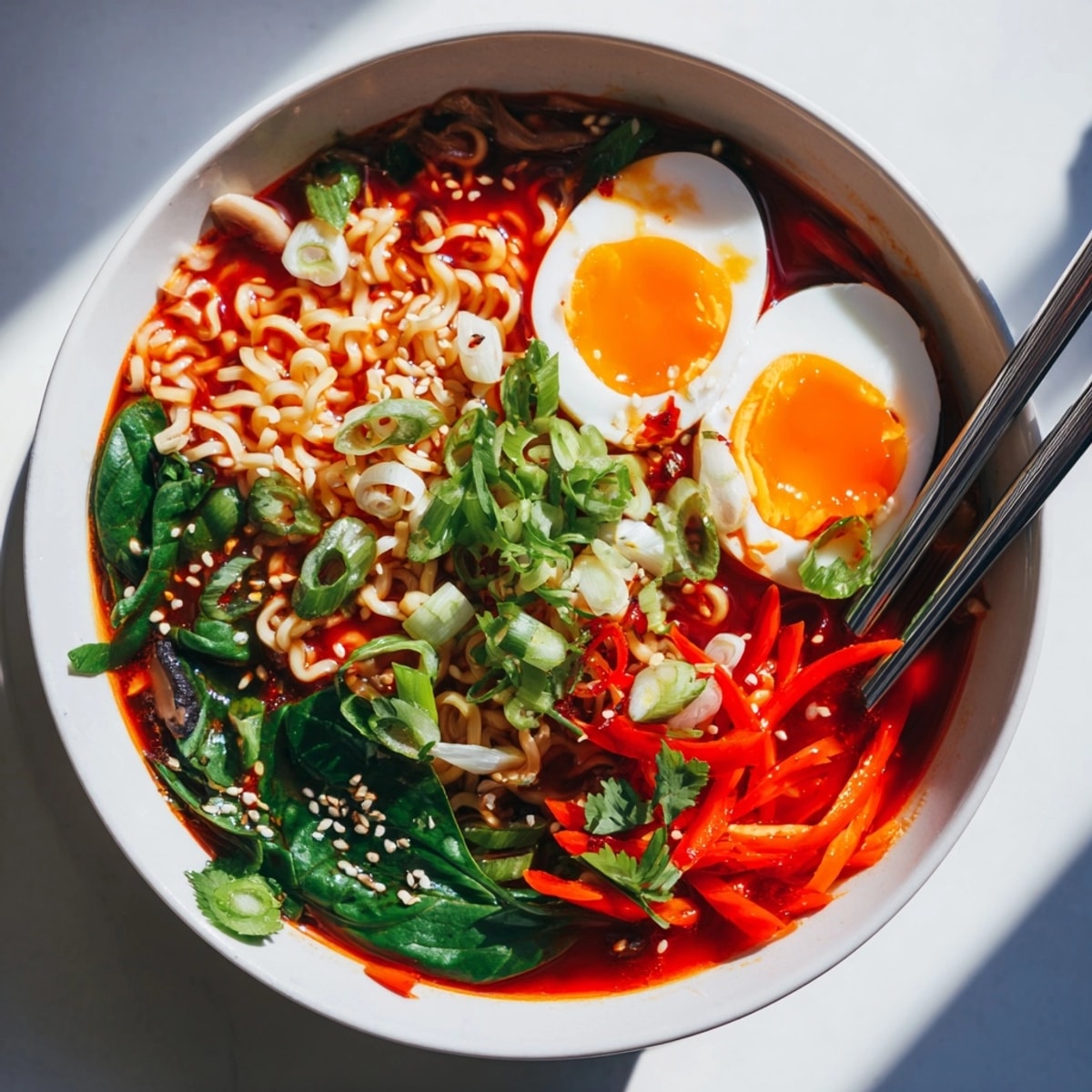 Close-up of steaming Fiery Chili Ramen, topped with crimson chili slices and vibrant greens.