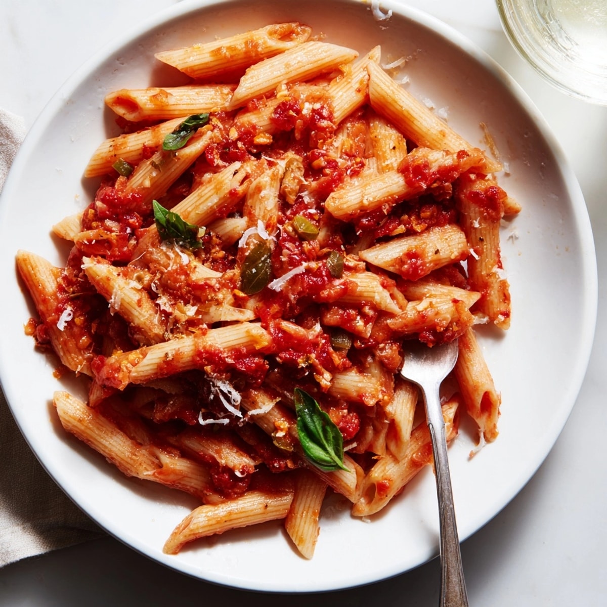 Vibrant Calabrian Chili Arrabbiata with fragrant garlic and fresh basil served over al dente penne.