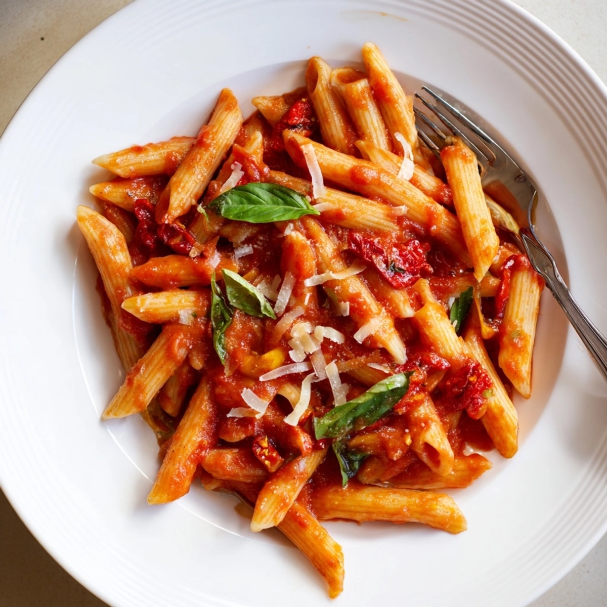 Close-up of simmering Calabrian Chili Arrabbiata showing the rich texture of crushed tomatoes and glistening chili oil.
