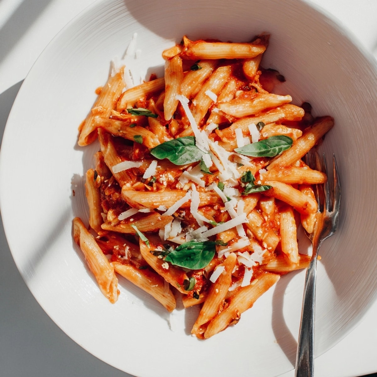 Spicy Calabrian Chili Arrabbiata recipe, ready to eat, sprinkled grated Pecorino Romano: an Italian delight.