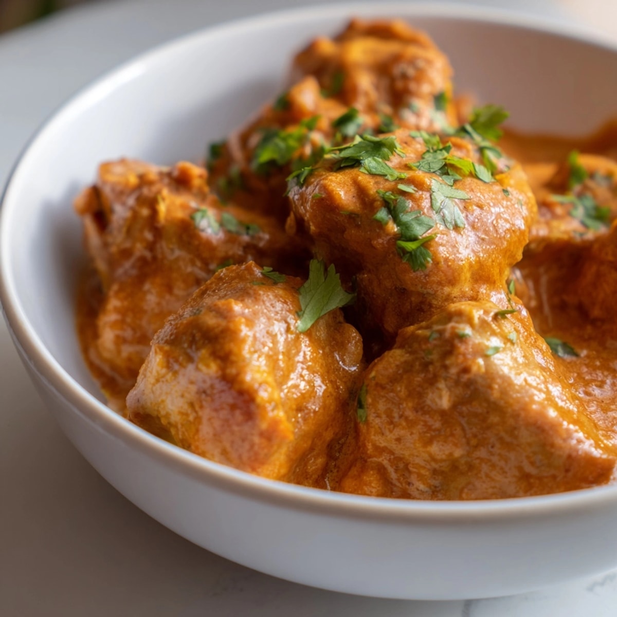 Creamy Butter Chicken Curry featuring tender chicken, simmered to perfection, garnished with fresh cilantro.