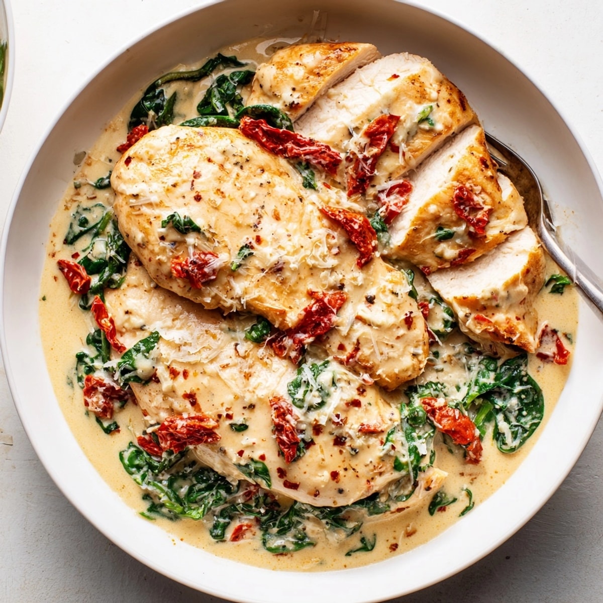 Overhead shot of a delicious Tuscan Chicken Skillet; spinach wilts in the creamy sauce.
