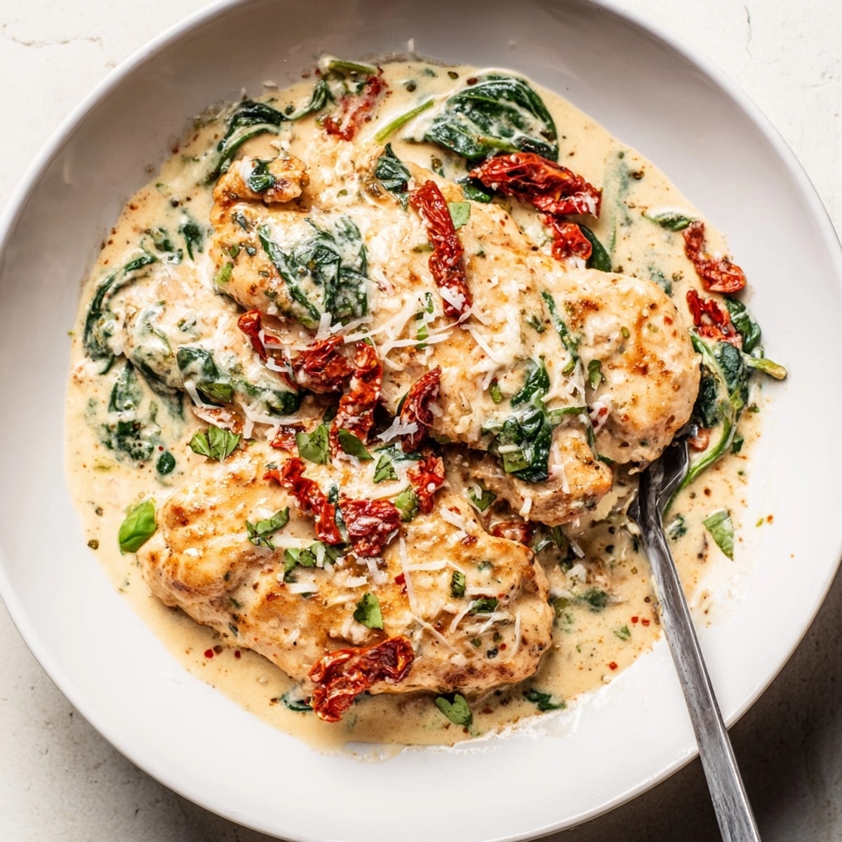 Savory Tuscan Chicken Skillet: juicy chicken atop creamy sun-dried tomato and spinach sauce.