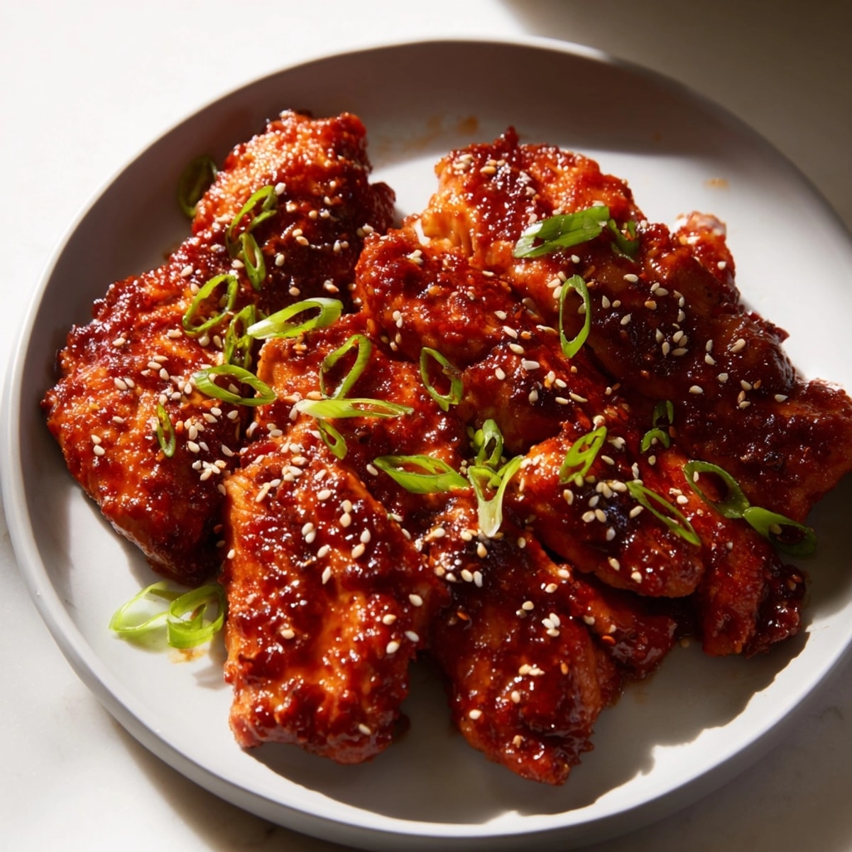 Close-up of glistening Gochujang Glazed Chicken thighs fresh from the oven, ready to serve.