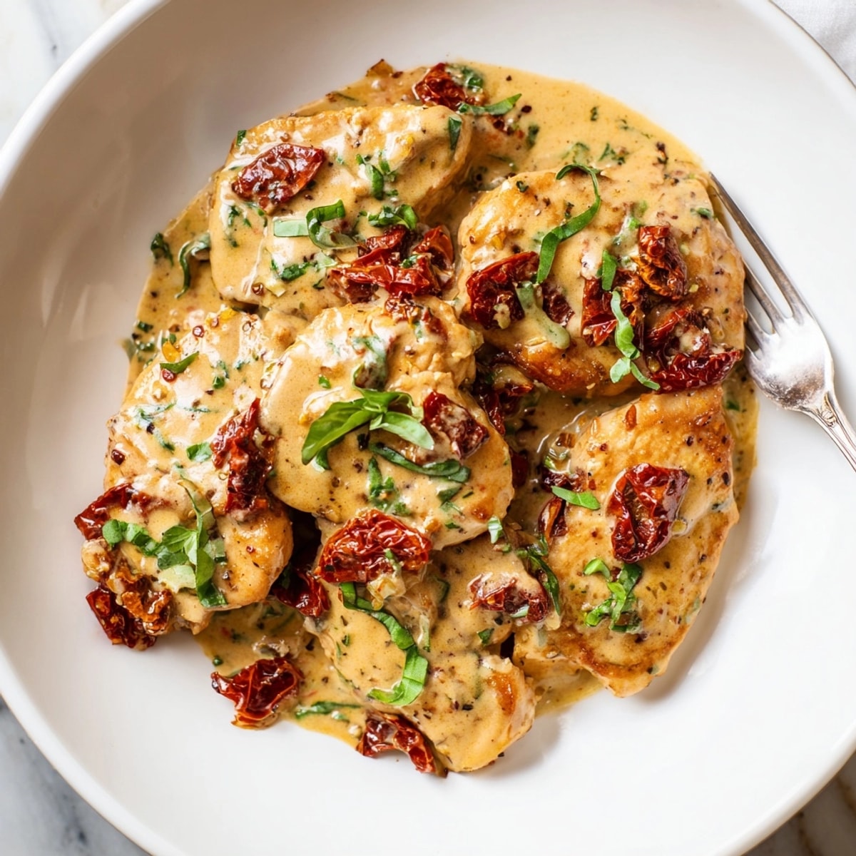 Golden seared Marry Me Chicken simmering in a creamy, fragrant sun-dried tomato sauce.
