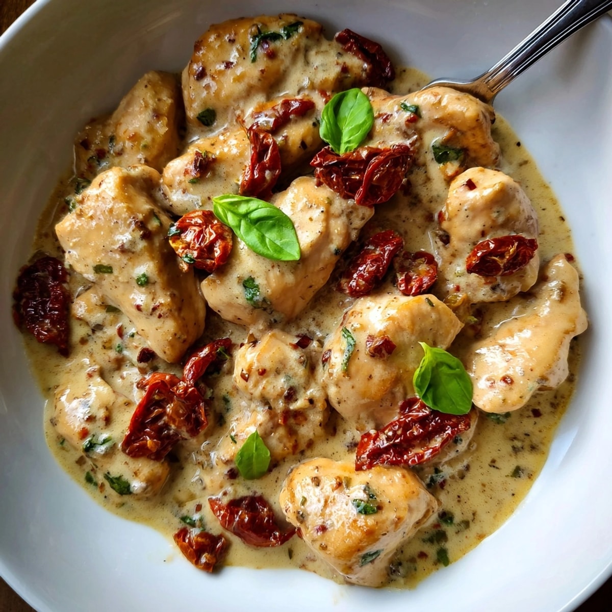 Close-up of saucy Marry Me Chicken over pasta, garnished with fresh basil, ready to serve.
