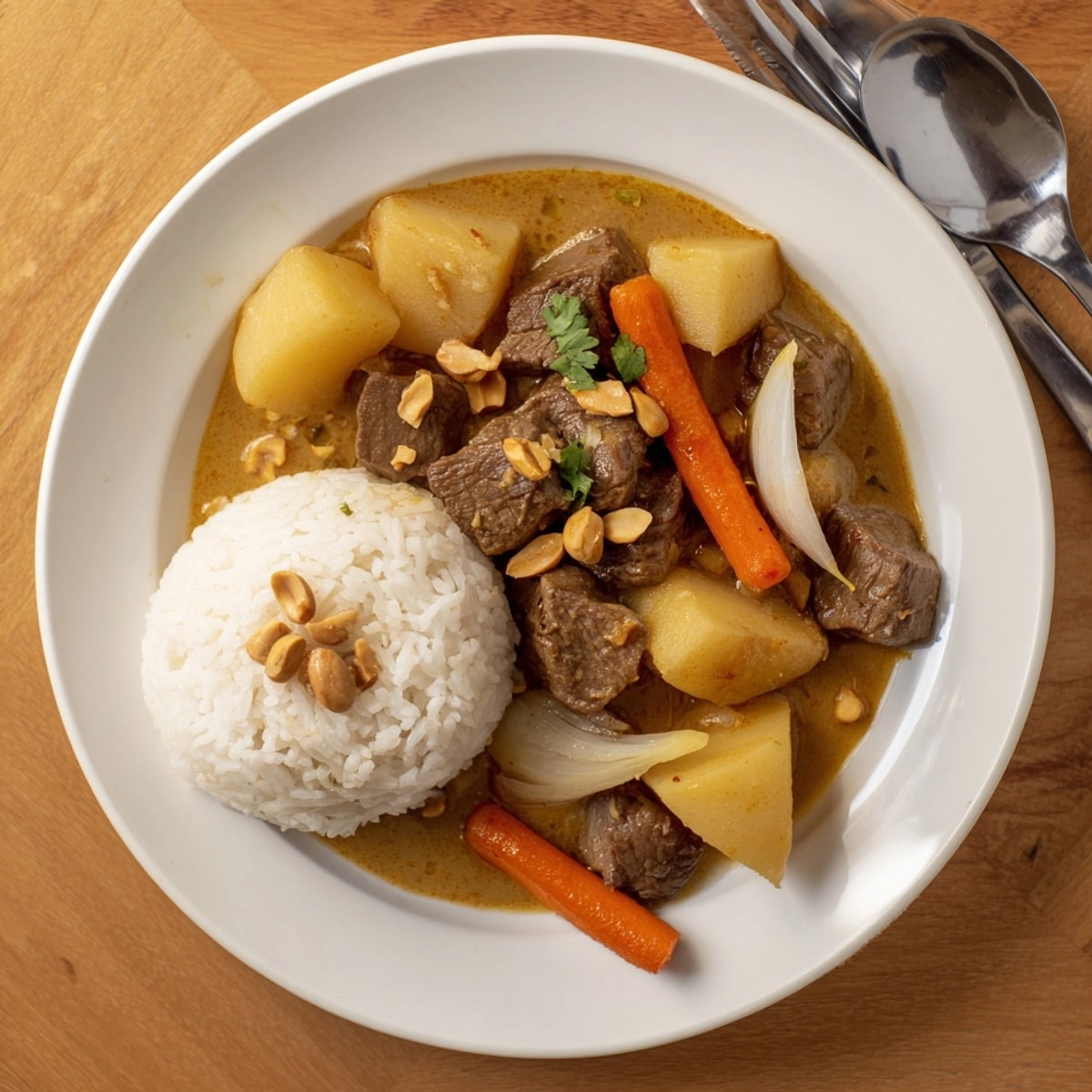 Fragrant Thai Massaman Curry simmered in creamy coconut milk with tender beef and peanuts.