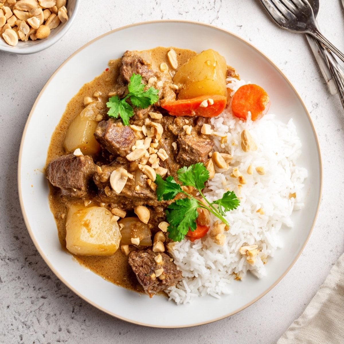 Homemade Thai Massaman Curry showcasing potatoes, meat, and a warmly spiced coconut sauce.