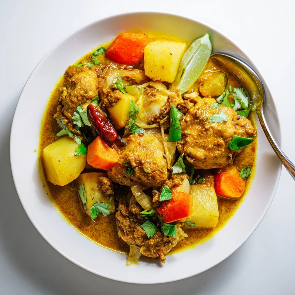 Close-up of vibrant Sri Lankan Coconut Curry, steaming with potatoes and cilantro garnish.