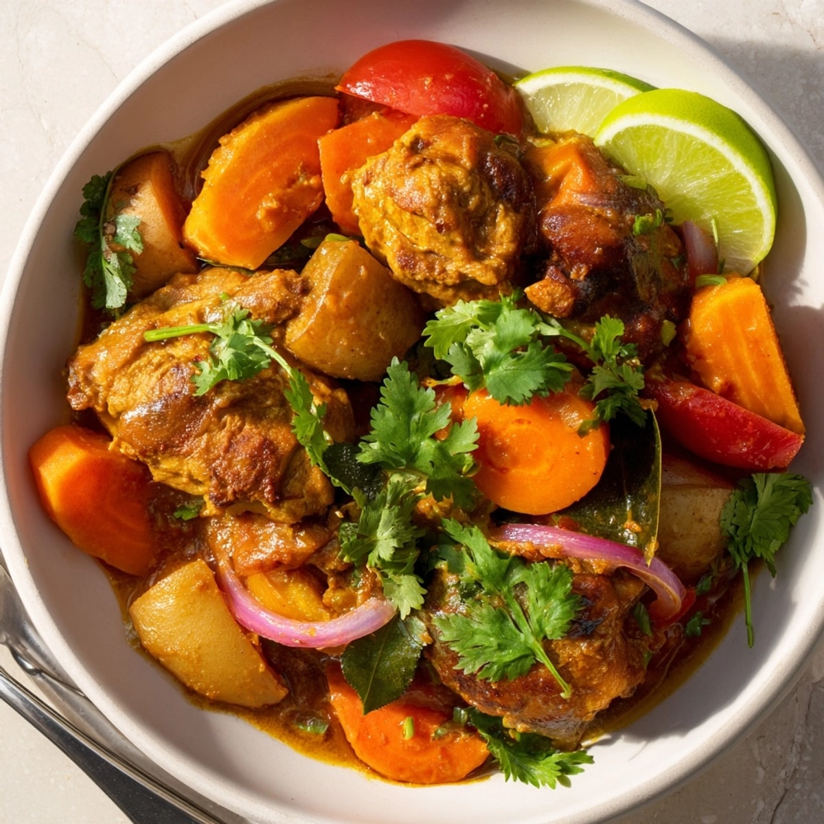 Tender chicken simmers in a rich Sri Lankan Coconut Curry with spices, served hot.