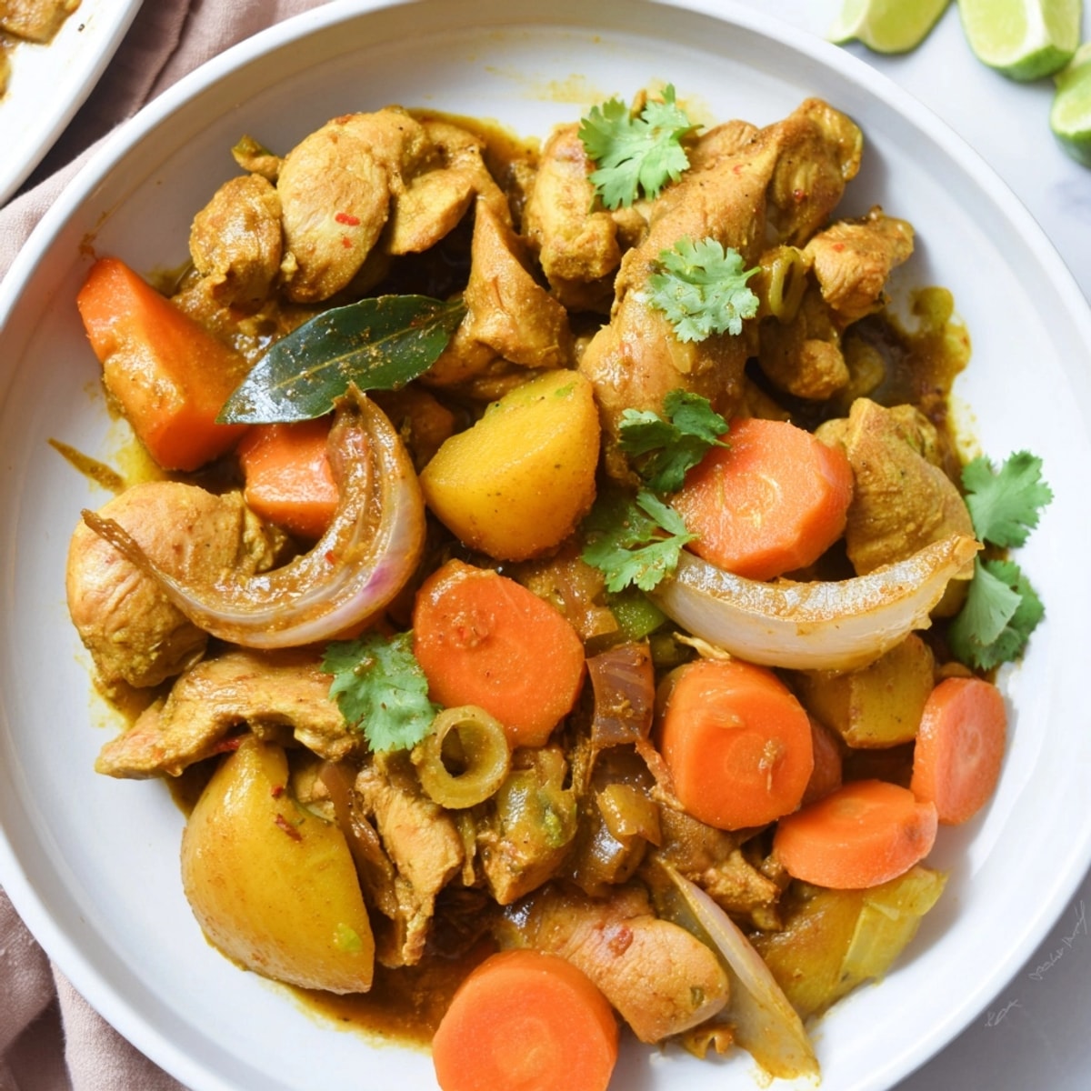 Homemade Sri Lankan Coconut Curry featuring diced potatoes and aromatic curry leaves; ready to serve.
