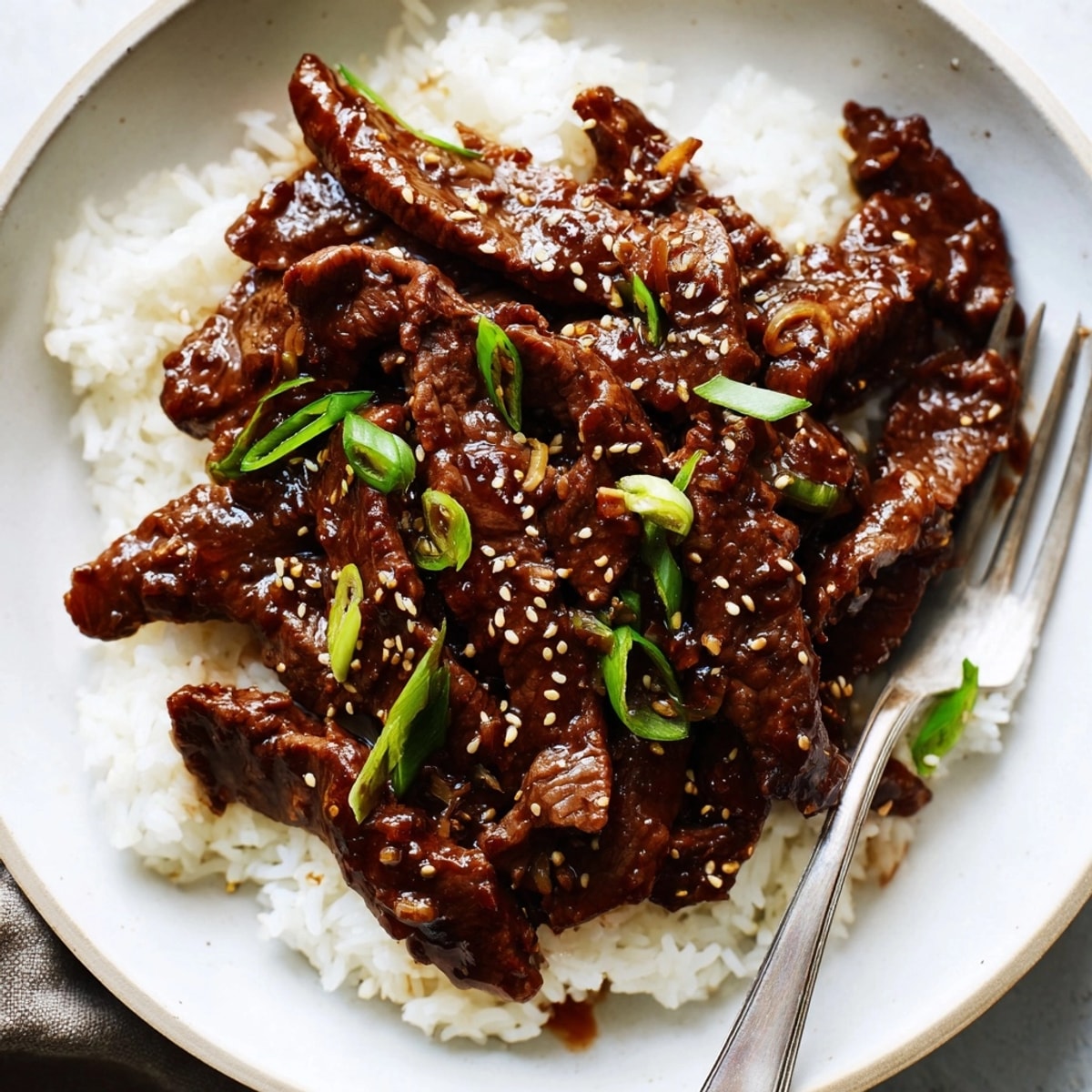 Close-up of glistening Mongolian Beef Stir Fry, cooked beef, green scallions over rice.