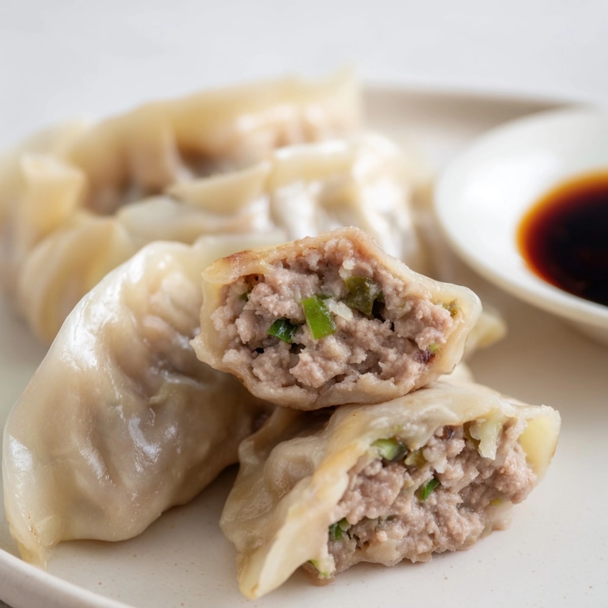Savory Beef Shiitake Dumplings, glistening with sesame oil, ready to be dipped.