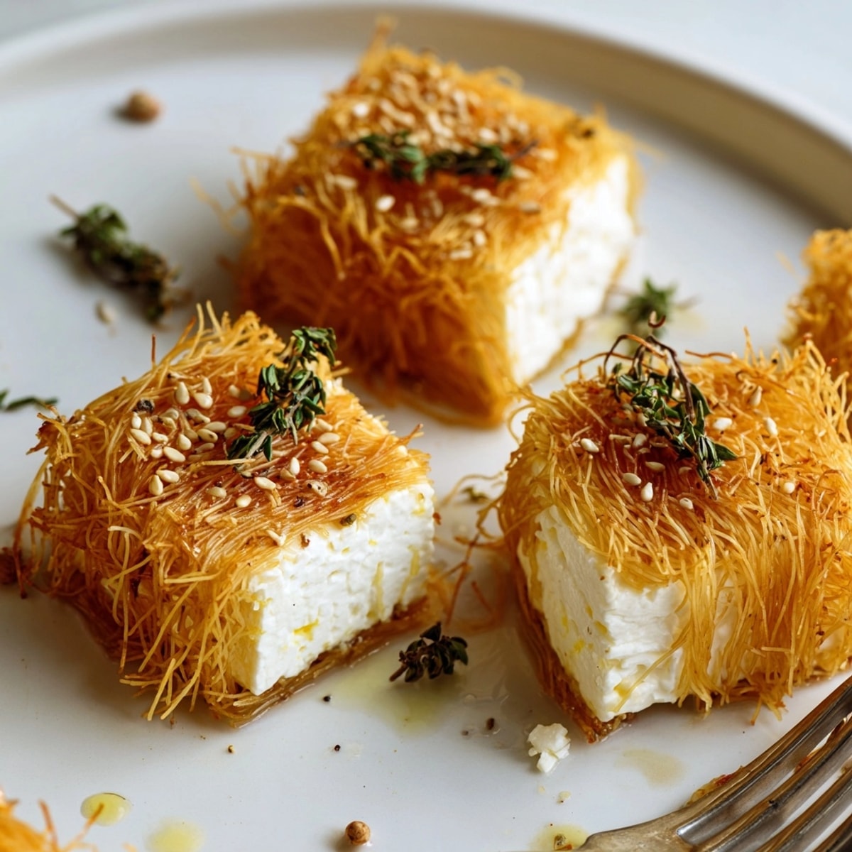 Golden Kataifi Wrapped Feta Crispy appetizer with honey drizzle, perfect for a Greek meze.