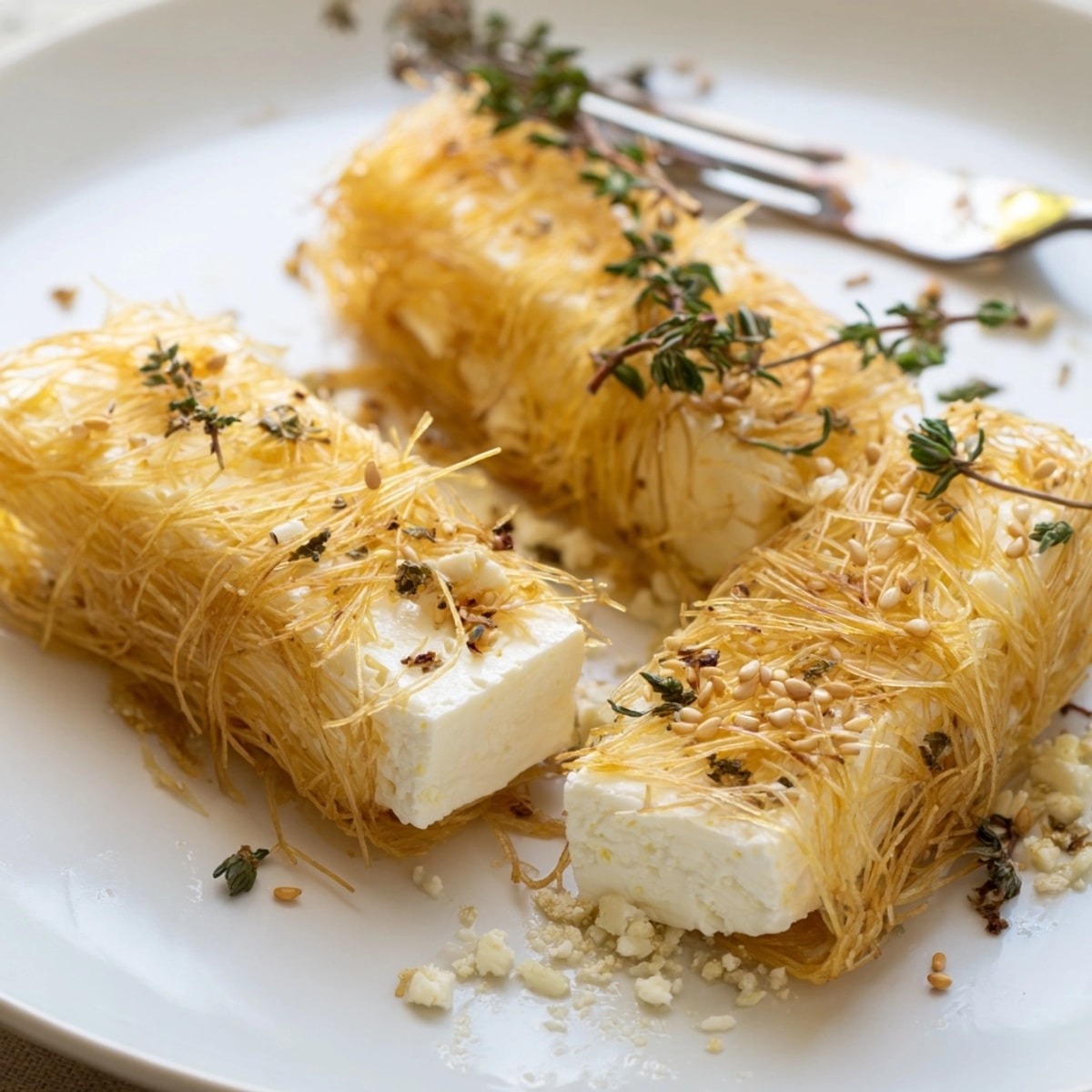 Close-up of Kataifi Wrapped Feta Crispy drizzled with honey, an irresistibly savory-sweet bite.
