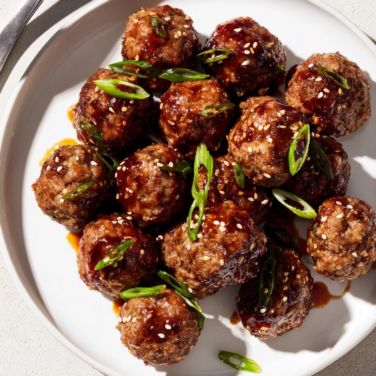 Homemade Sticky Teriyaki Meatballs, a perfect appetizer, piled on a plate and ready to eat.