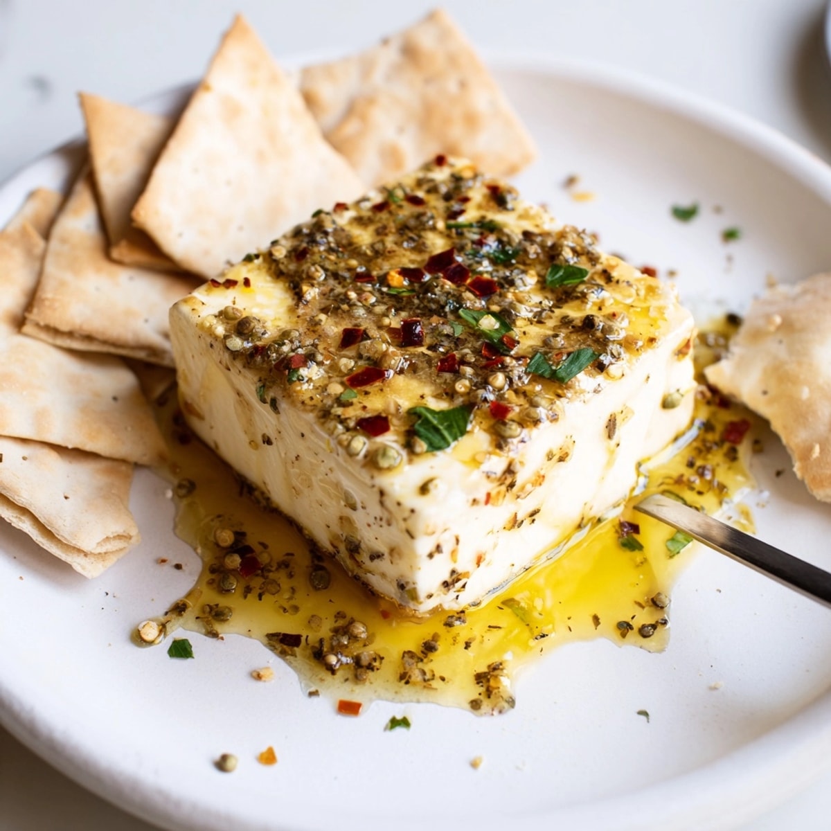 Creamy baked feta with honey, herbs and pepper flakes; a Mediterranean appetizer.