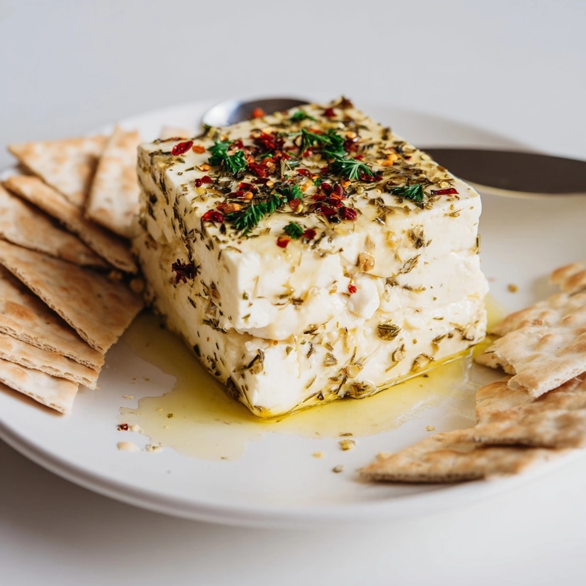 Golden baked feta with honey drizzle sits warm, ready for dipping crusty bread.