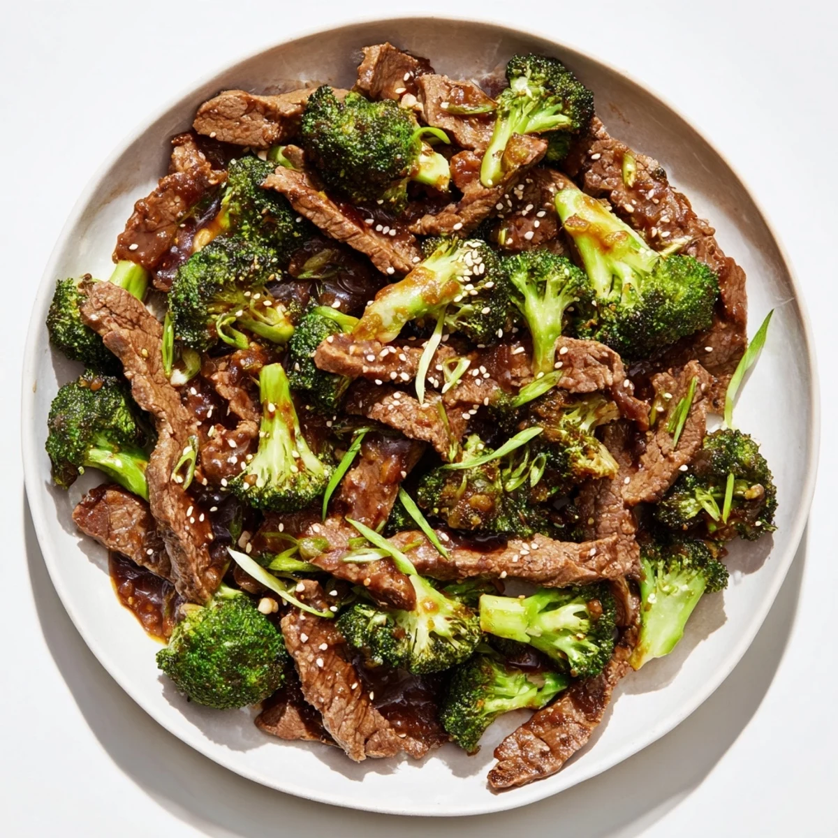 Steaming hot Beef and Broccoli Stir Fry, garnished with sesame seeds, looks perfect alongside fluffy white rice.