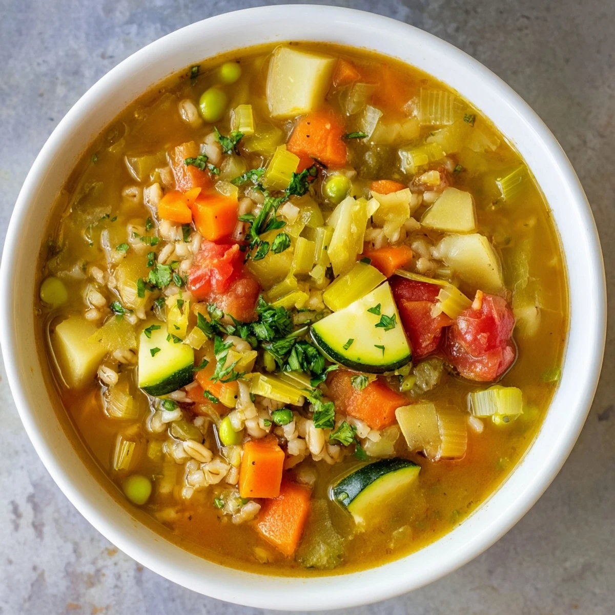 Steaming bowl of Hearty Vegetable and Barley Soup, filled with colorful vegetables and savory broth.
