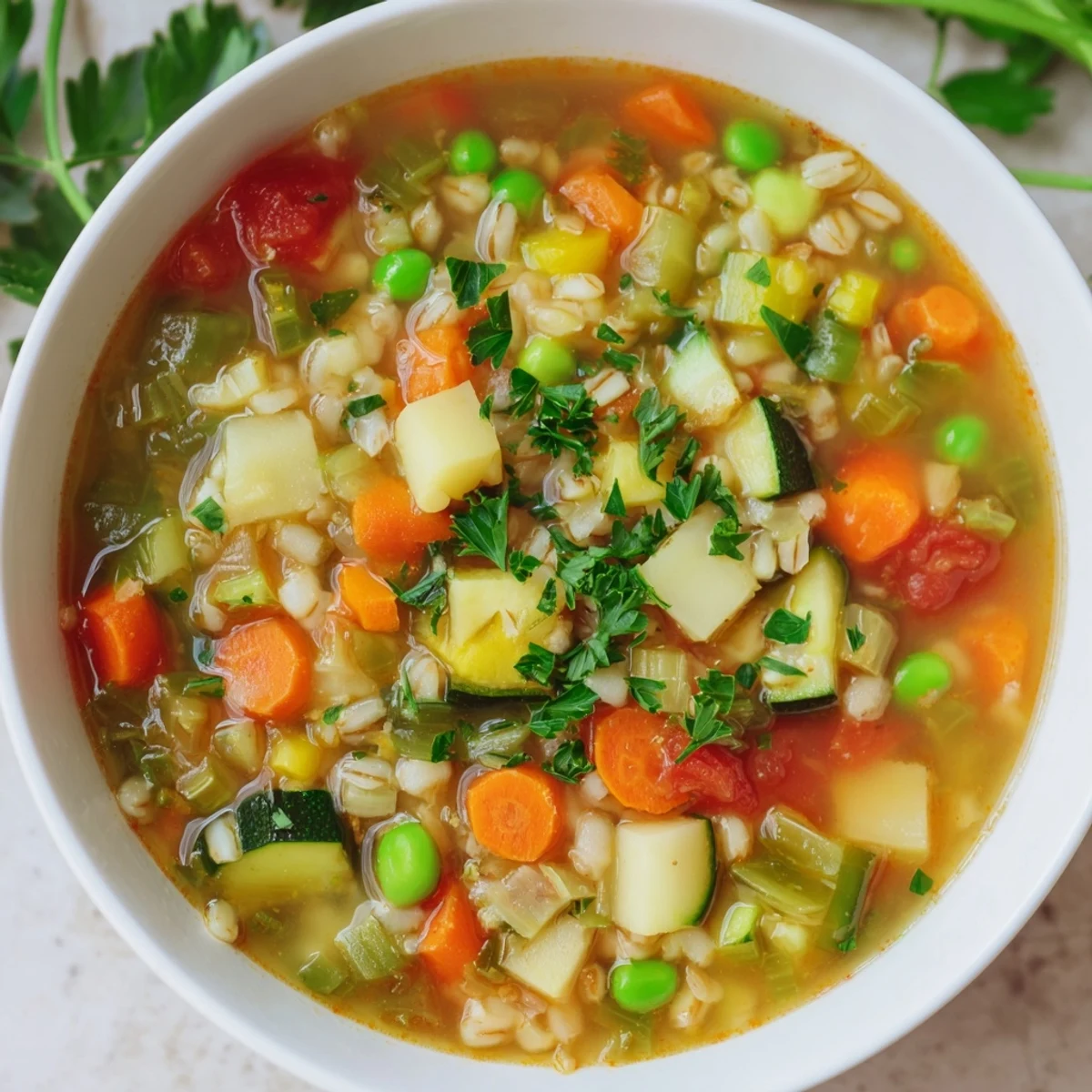 Warm bowl of Hearty Vegetable and Barley Soup, garnished with parsley, ready for a comforting meal.