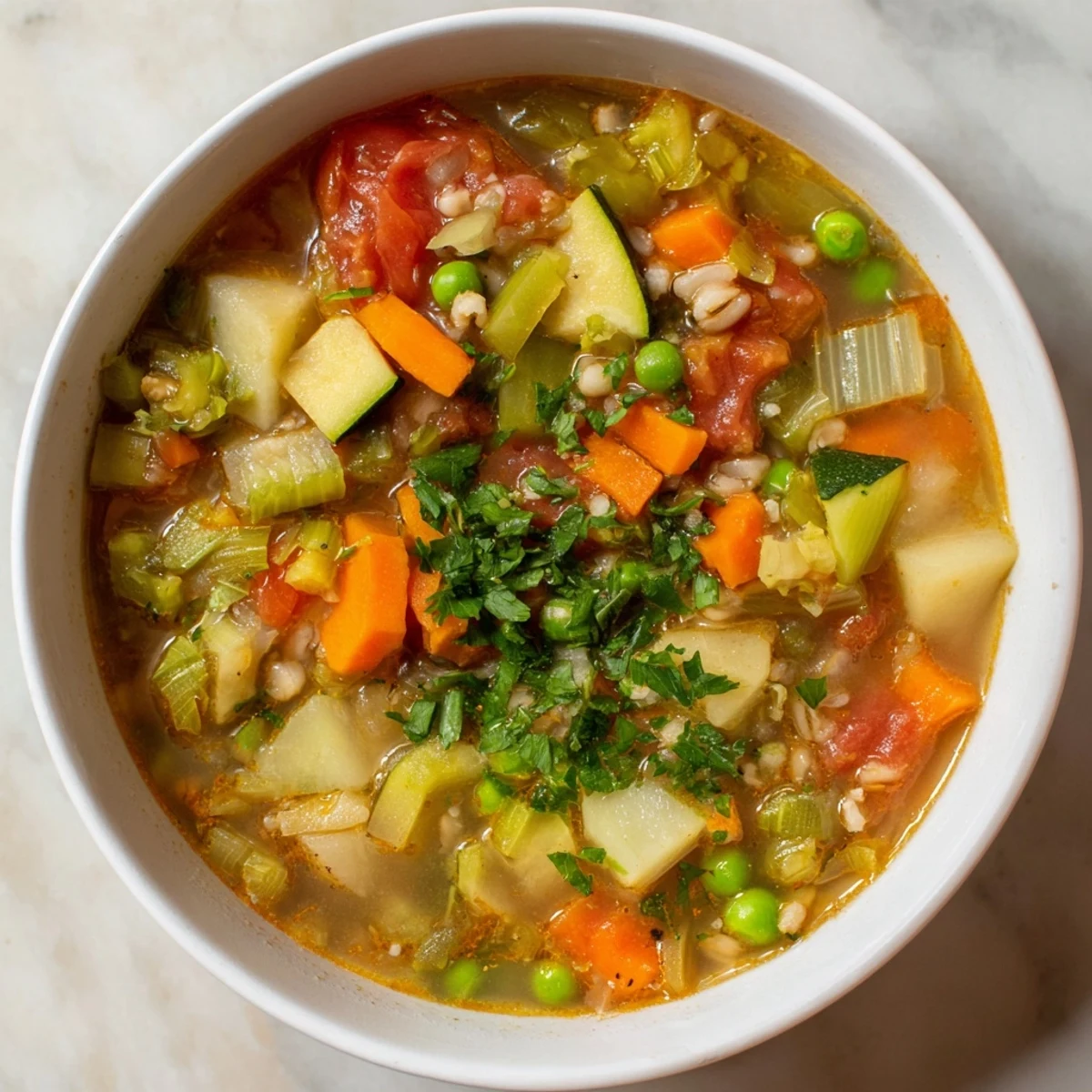 Close-up of a bubbling pot of Hearty Vegetable and Barley Soup, a delicious and flavorful vegetarian soup.