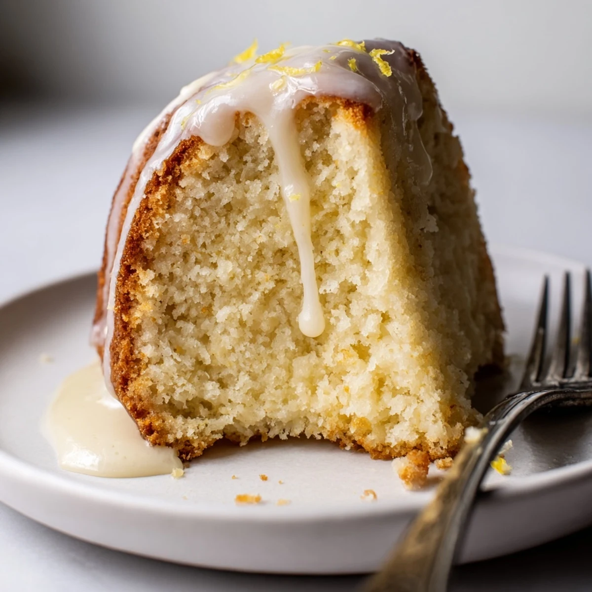 Golden-brown Lemon Drizzle Bundt Cake, drizzled and ready for serving with fresh berries.