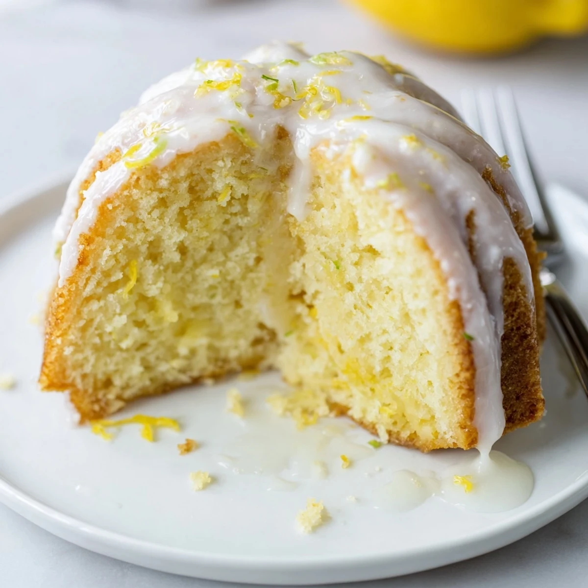 This delicious Lemon Drizzle Bundt Cake features a moist crumb and a bright, tangy flavor.