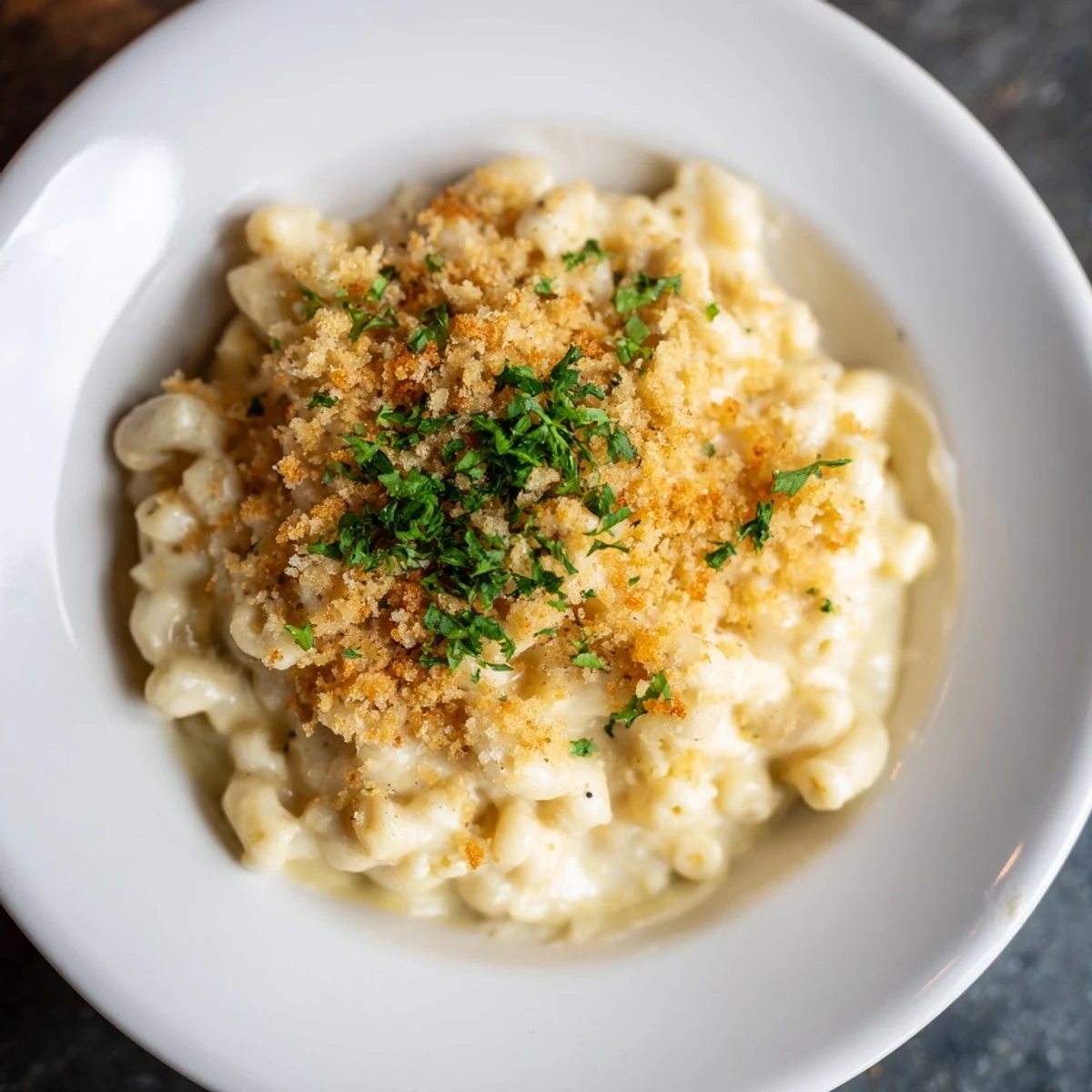 Baked Macaroni and Cheese with Breadcrumbs bubbling golden brown, ready for a delicious first bite.