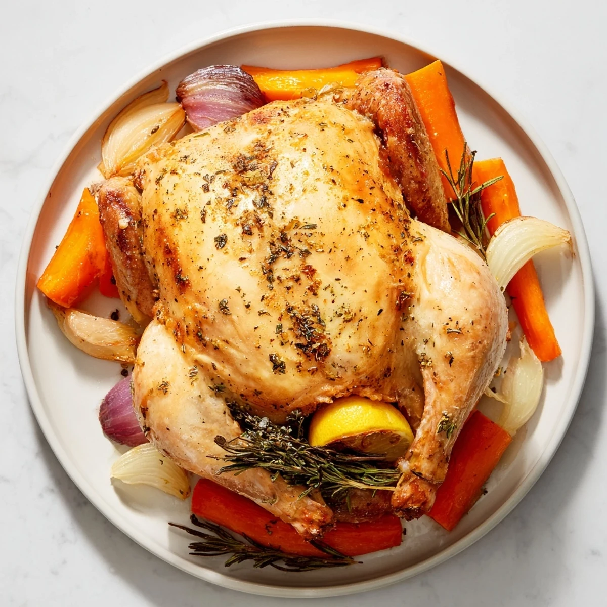 Golden-brown roasted chicken, a classic American meal, is ready to carve and serve.