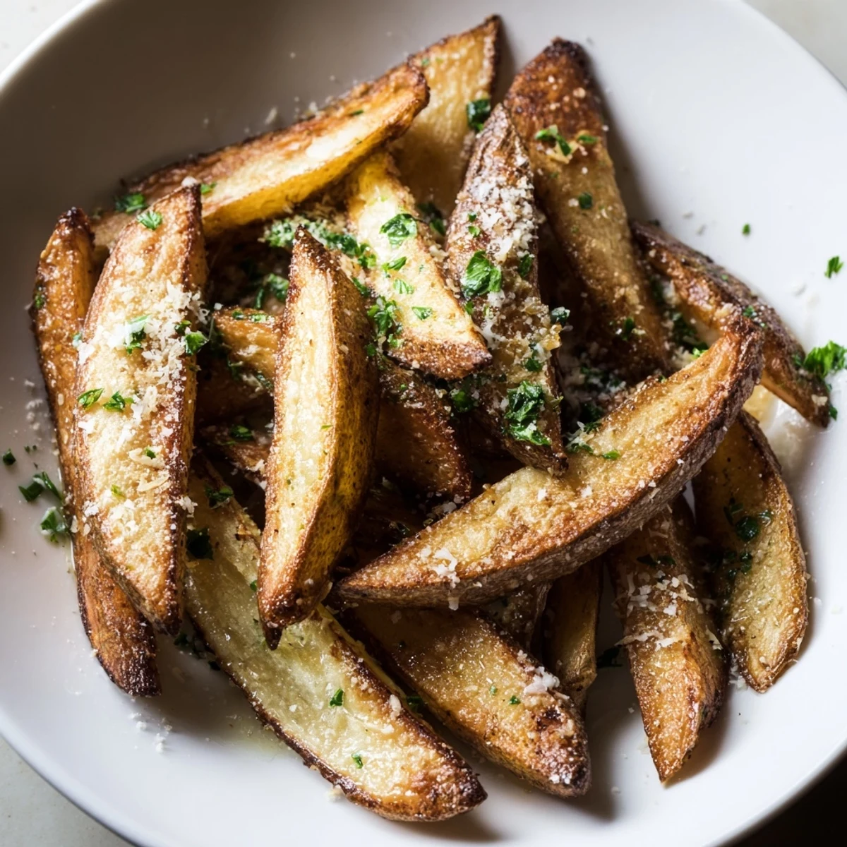 Golden-brown garlic fries, crispy and seasoned, perfect for a flavorful side dish at dinner.