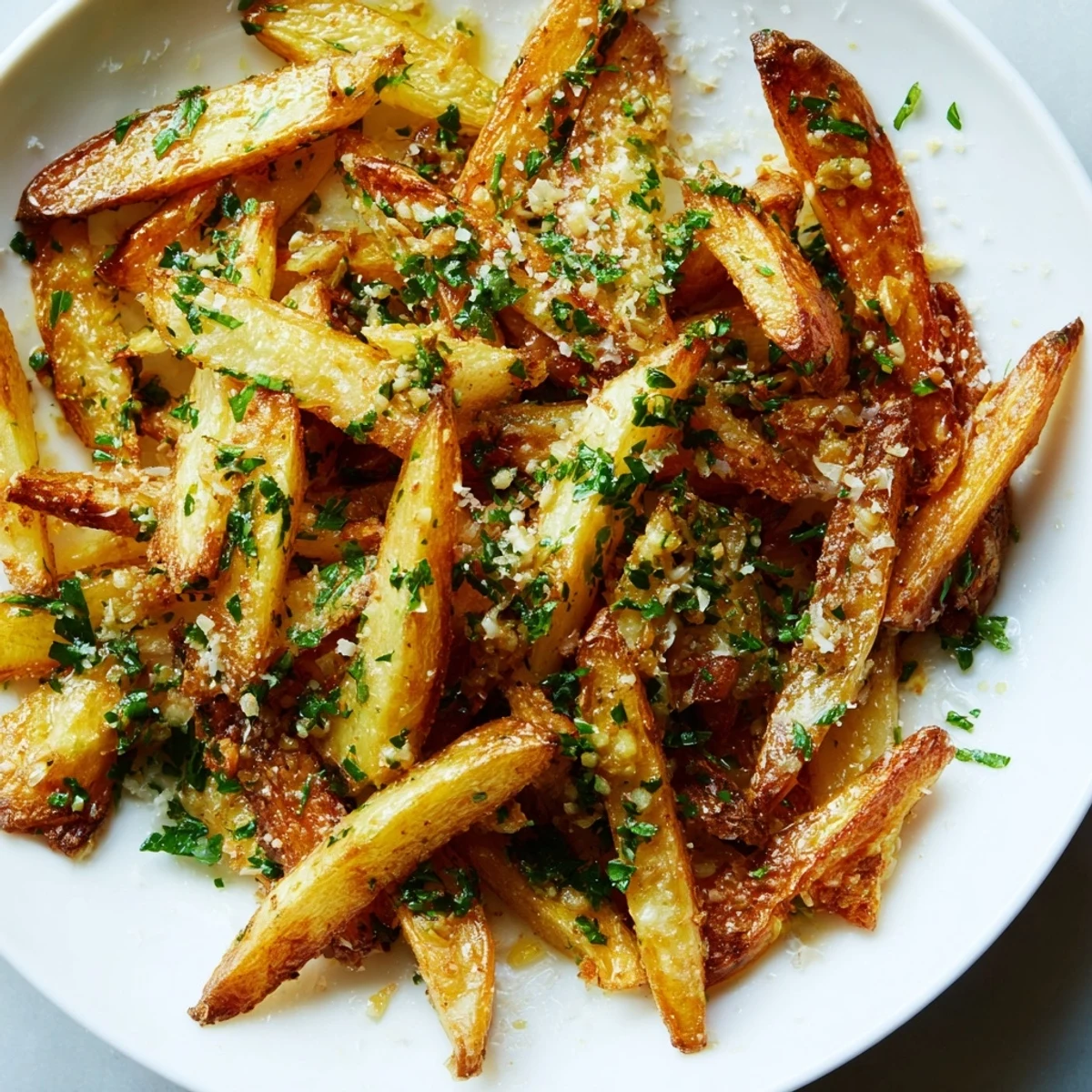 Oven-baked garlic fries, topped with fresh parsley, ready to be served hot with your favorite dipping sauce.