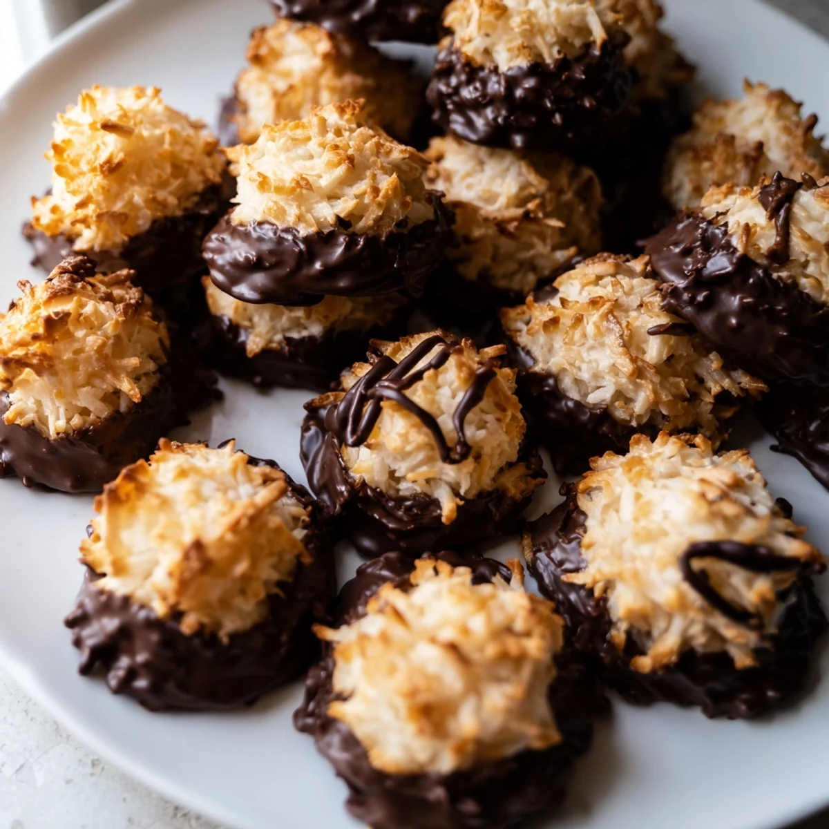 Dark chocolate-covered coconut macaroons: a close-up shows the texture of the perfect baked dessert.