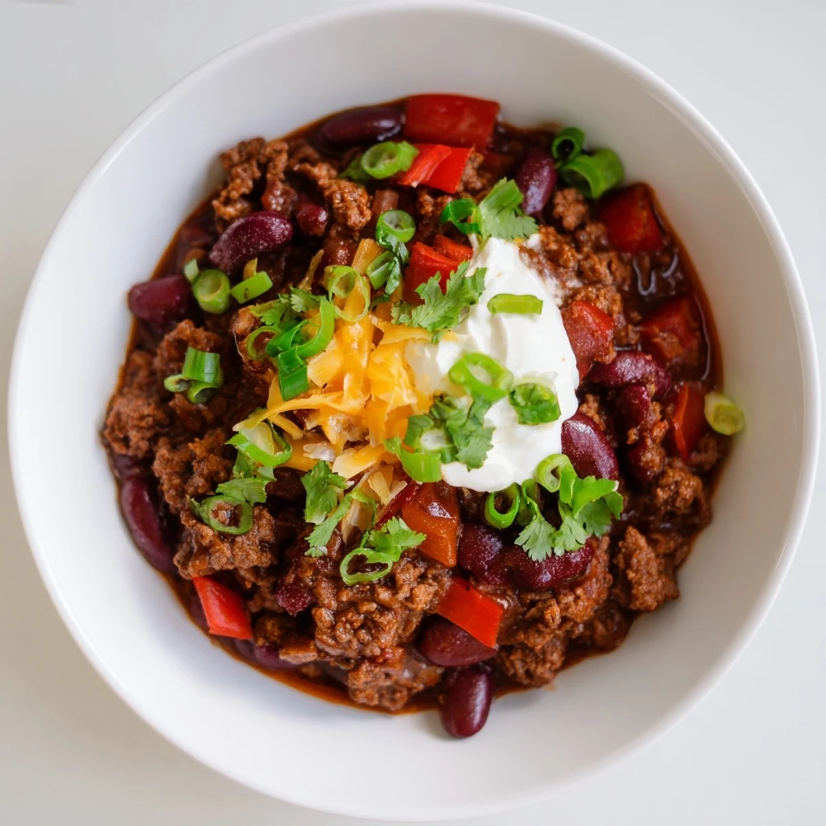 Steaming bowl of spicy beef chili, filled with kidney beans, ready for toppings like cheese.