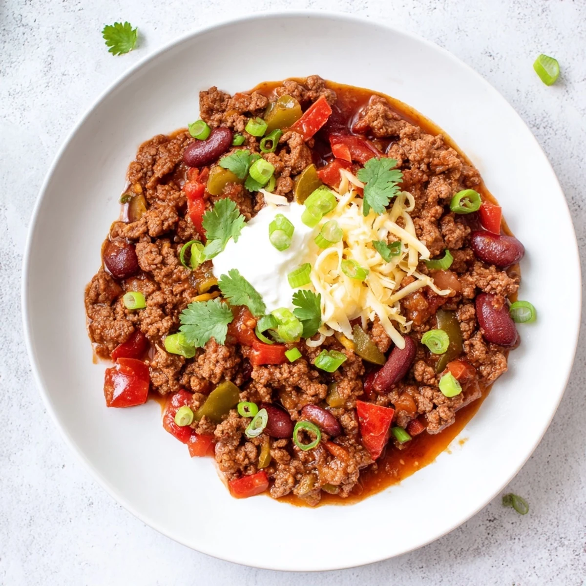 A close-up view of a hearty bowl of spicy beef chili, garnished with fresh cilantro and sour cream.
