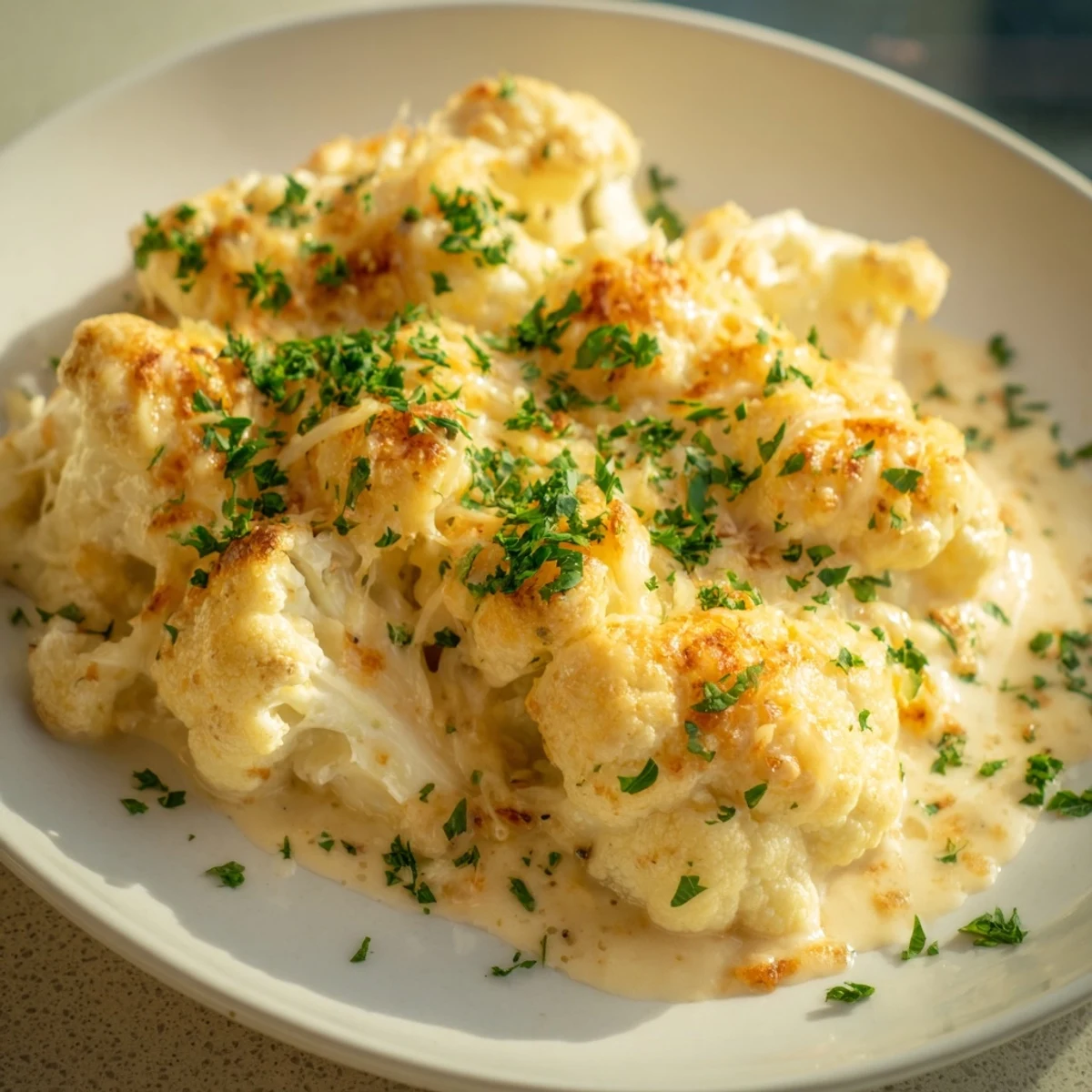 Golden, bubbly Cheesy Cauliflower Gratin with a creamy cheese sauce and herb garnish, ready to serve.