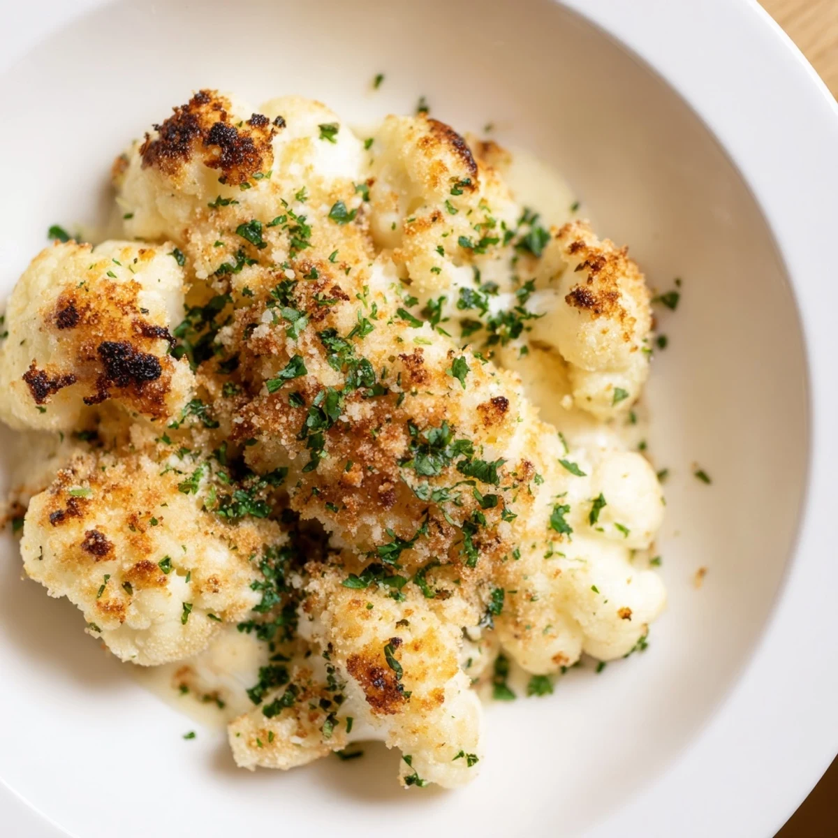 A warm, inviting photo of a Cheesy Cauliflower Gratin, showing tender cauliflower in a rich sauce.