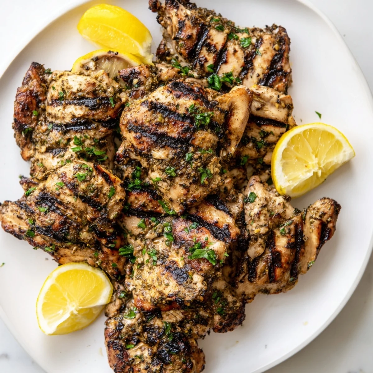 Golden-brown Lemon Herb Grilled Chicken Thighs glistening, ready to serve with fresh lemon wedges.