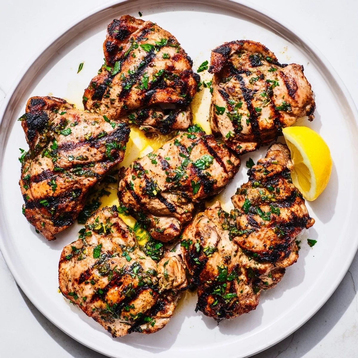 Close-up of succulent Lemon Herb Grilled Chicken Thighs, perfectly charred from the grill and bursting with flavor.