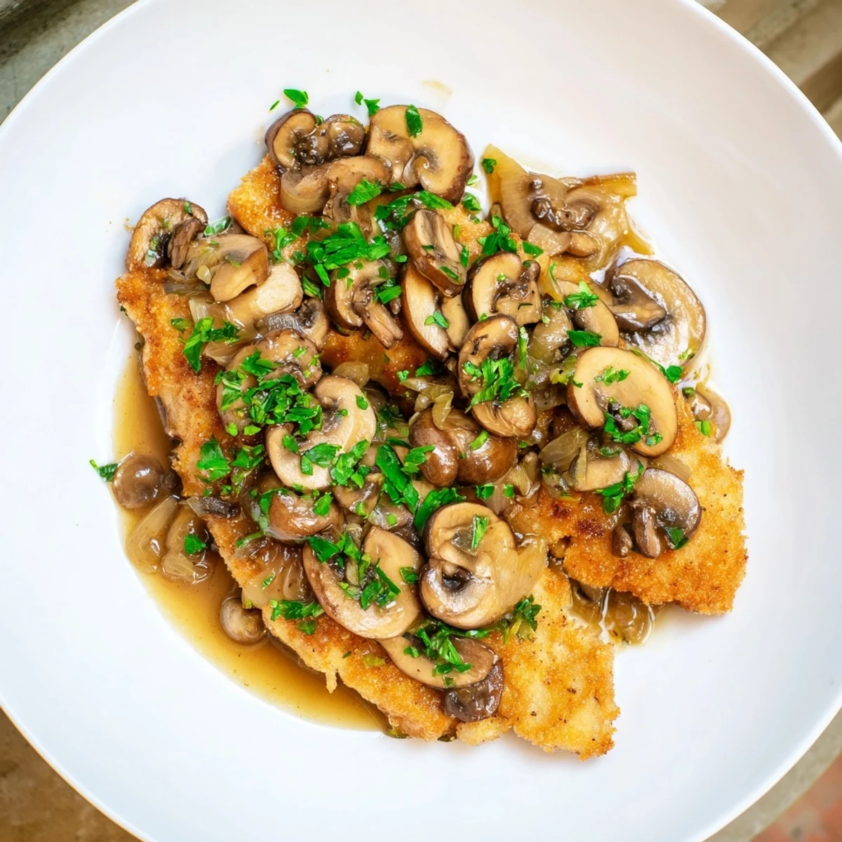 Golden-brown Chicken Marsala with mushrooms, in a rich, flavorful sauce, perfect for dinner.