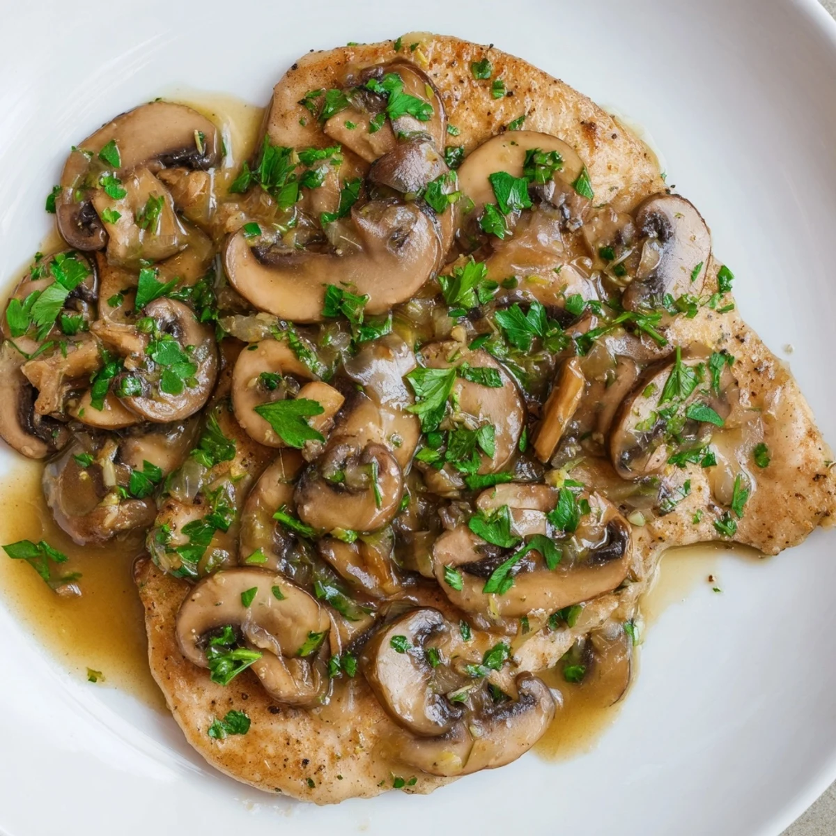 Tender halal chicken breasts in a savory Chicken Marsala dish, beautifully sauced, topped with parsley.