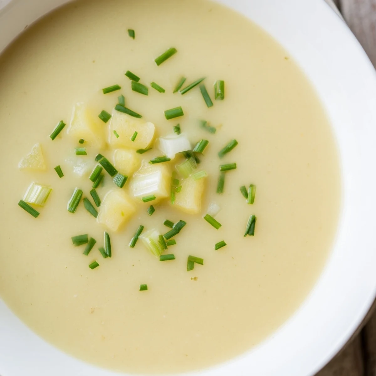 A bowl of creamy potato and leek soup, garnished with fresh herbs, ready to be served.