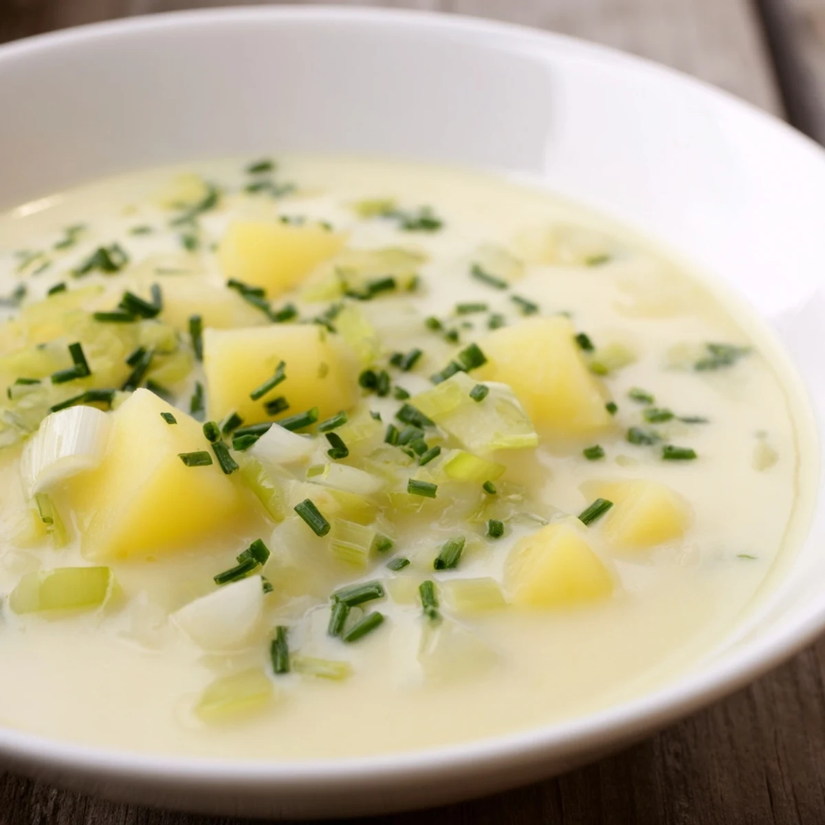 Smooth and silky creamy potato and leek soup, perfect for dipping crusty bread on a cold evening.