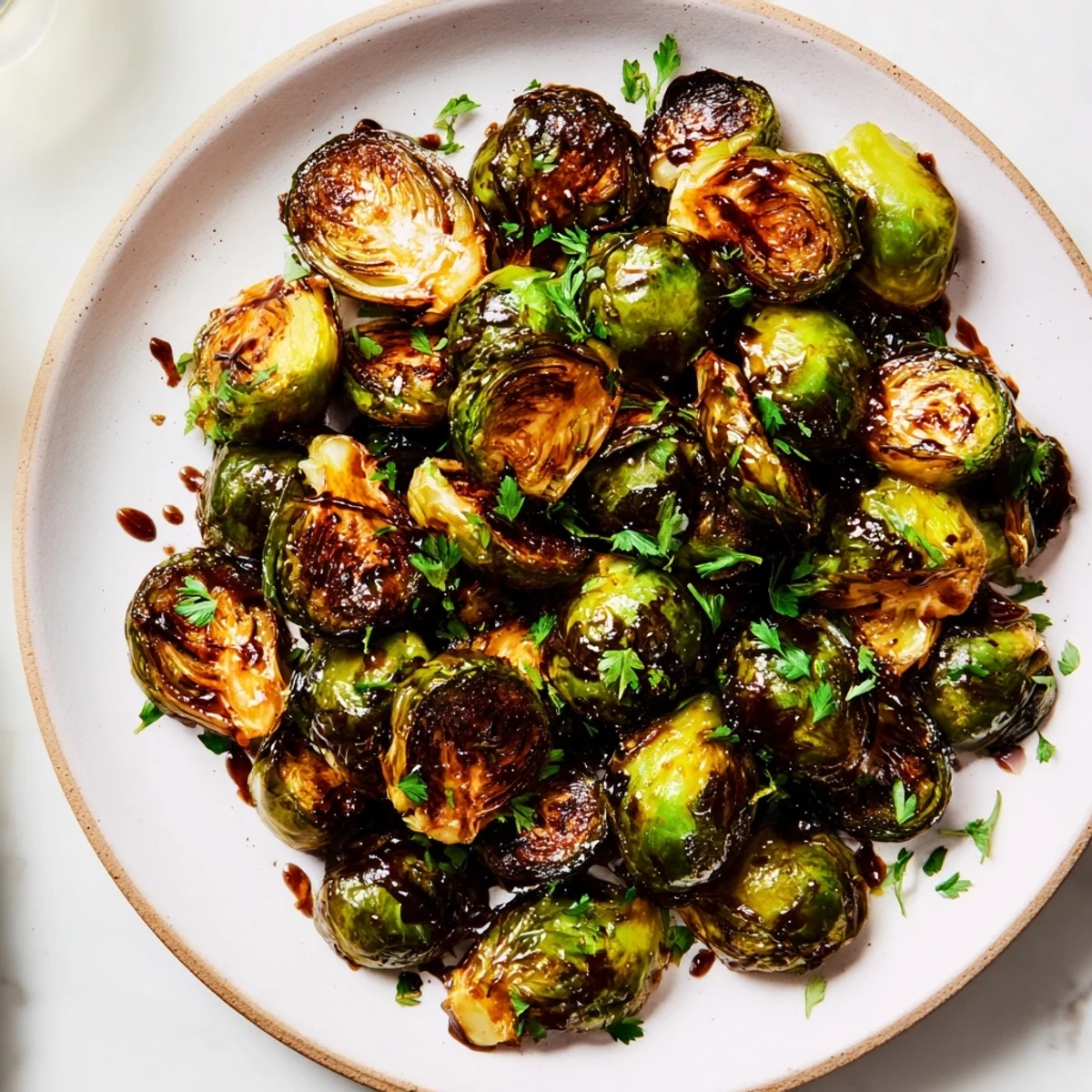 Vibrant image of roasted Brussels sprouts with balsamic, ready to serve with a garnish of parsley.